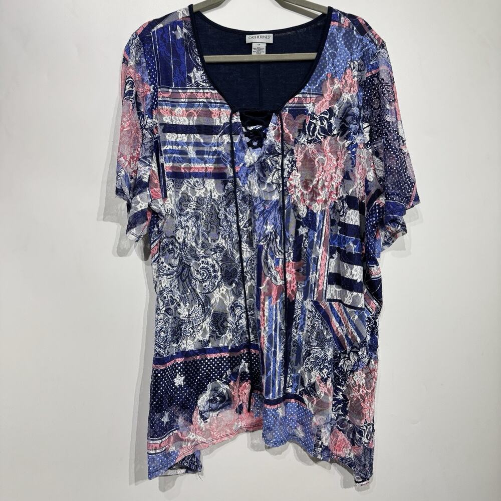 Catherines Patchwork Mesh Overlay Top Sz 2X Blue Pink Asymmetrical Hem Boho
